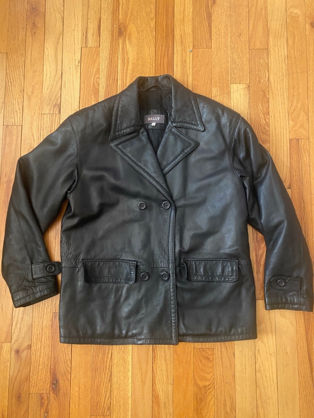 Bally Black Double-Breasted Leather Jacket Size W 10 Black EUC Stunning